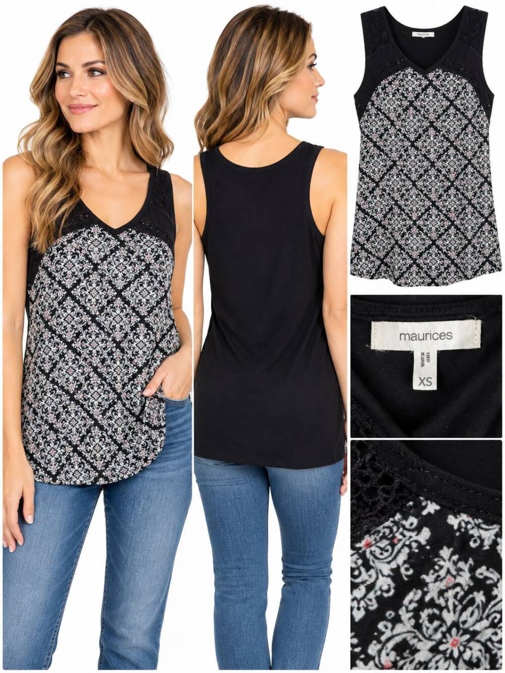 Maurices Women’s Navy White Damask Print Tank Top XS Lace Trim Sleeveless
